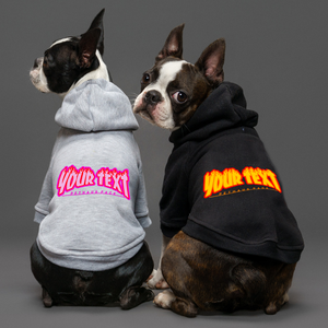 Personalised dog hoodie, dog coat for large dogs and small dogs made in Australia. Black dog hoodie, grey dog hoodie with thrasher mag skater font