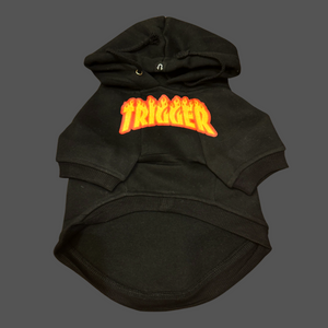 Black dog hoodie, dog sweatshirt with personalised dog name in flame font, made in Australia for large dogs
