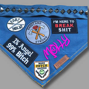 denim dog bandana personalised dog name with patches and studs