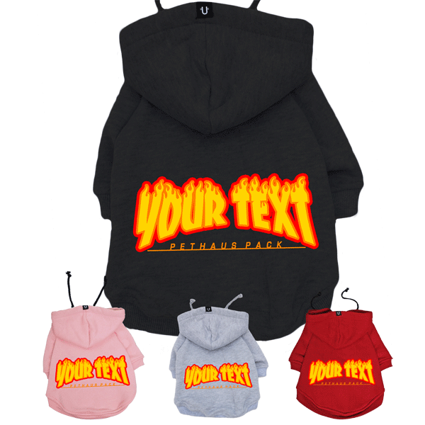 Personalised dog hoodie with thrasher flame font made in Australia to fit large and small dogs.