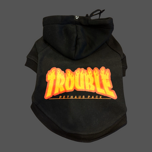 dog hoodie custom text, personalised dog coat with thrasher flame font for large dogs and small dogs made in Australia