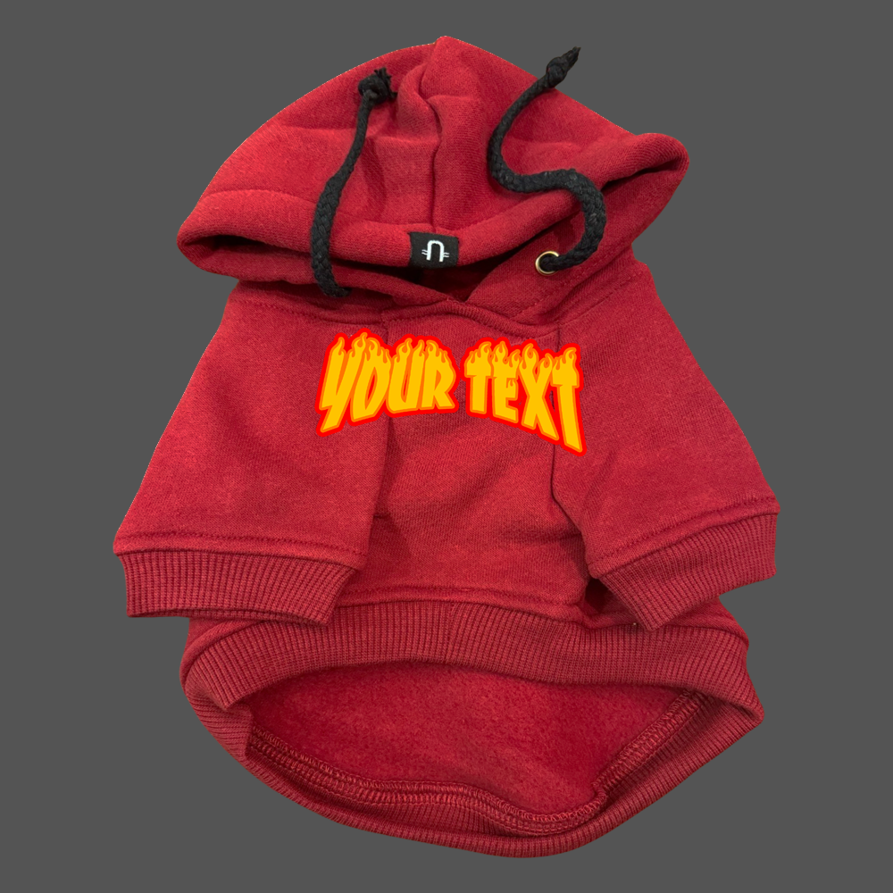 Dog hoodie red, personalised dog coat with thrasher magazine flame font made in Australia