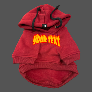 Dog hoodie red, personalised dog coat with thrasher  magazine flame font made in Australia