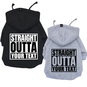 Personalised dog hoodies to fit big and small dogs parody of the N.W.A album "Straight Outta Compton" Fun dog gift. Black or grey dog hoodie