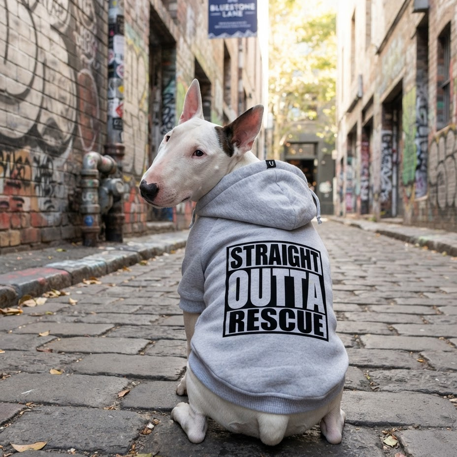 Grey personalised dog hoodie on mini bull terrier, based on the album "straight outta compton" great gift for rescue dogs.