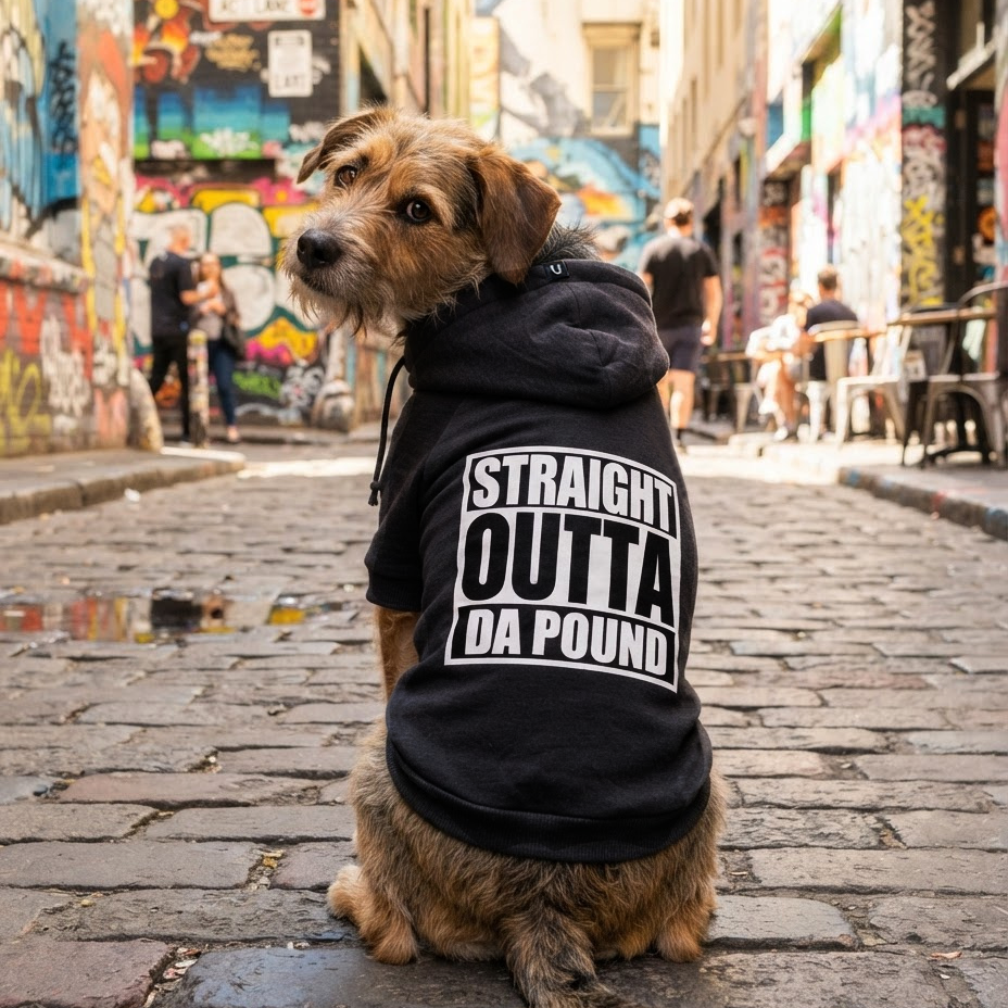 Black dog hoodie with parody of "Straight Outta Compton" personalised dog hoodie great for dog gifts.