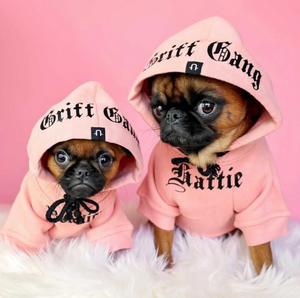 Pink dog hoodies with personalisation. Griff Gang, griffon dogs