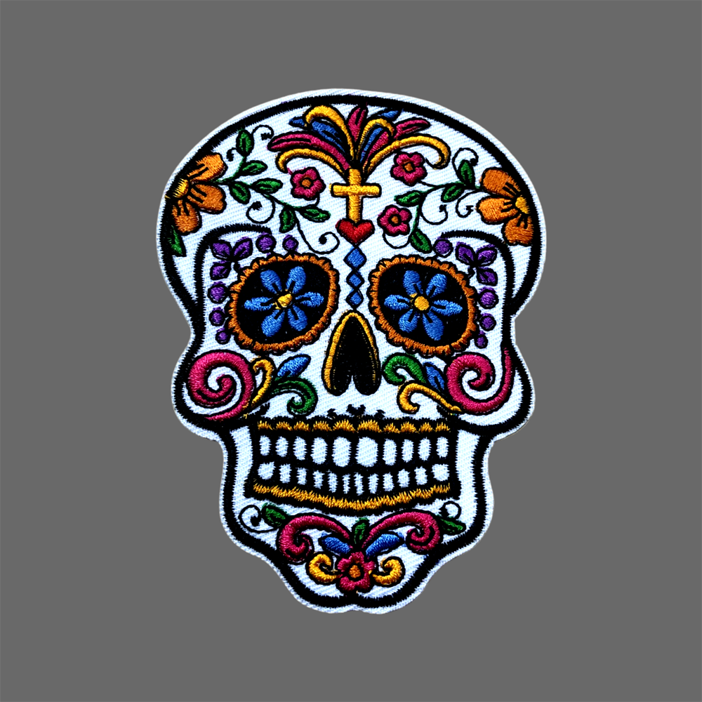 sugar skull embroidered patch, colourful patch, mexican patch, white sugar skull patch