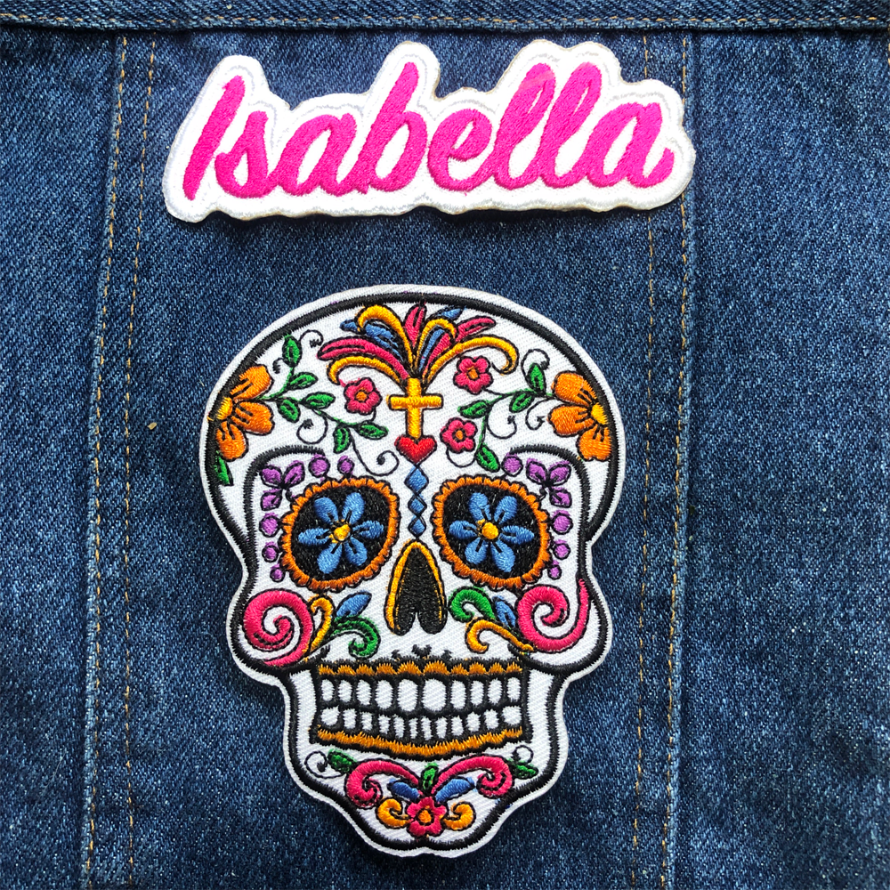 sugar skull embroidered patch, colourful patch, mexican patch, white sugar skull patch