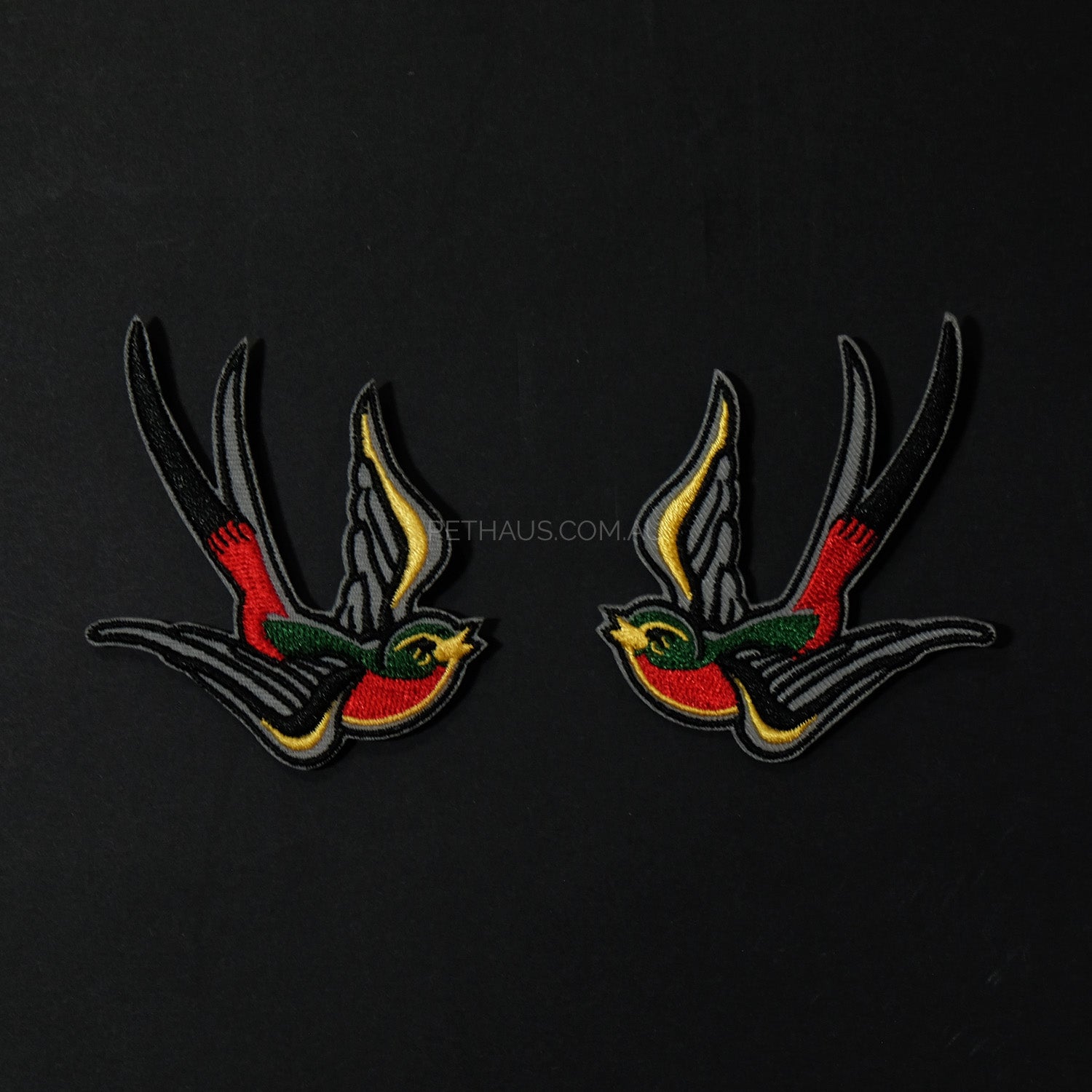 swallows embroided patch, tattoo style patches, dog patches, bird patch