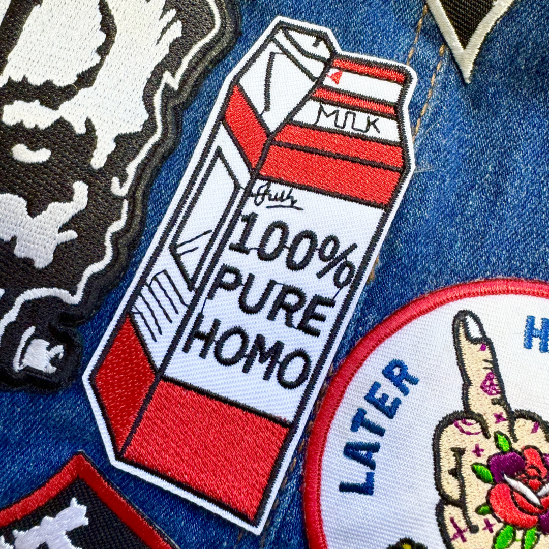 100% pure homo patch, milk carton patch, funny dog patch