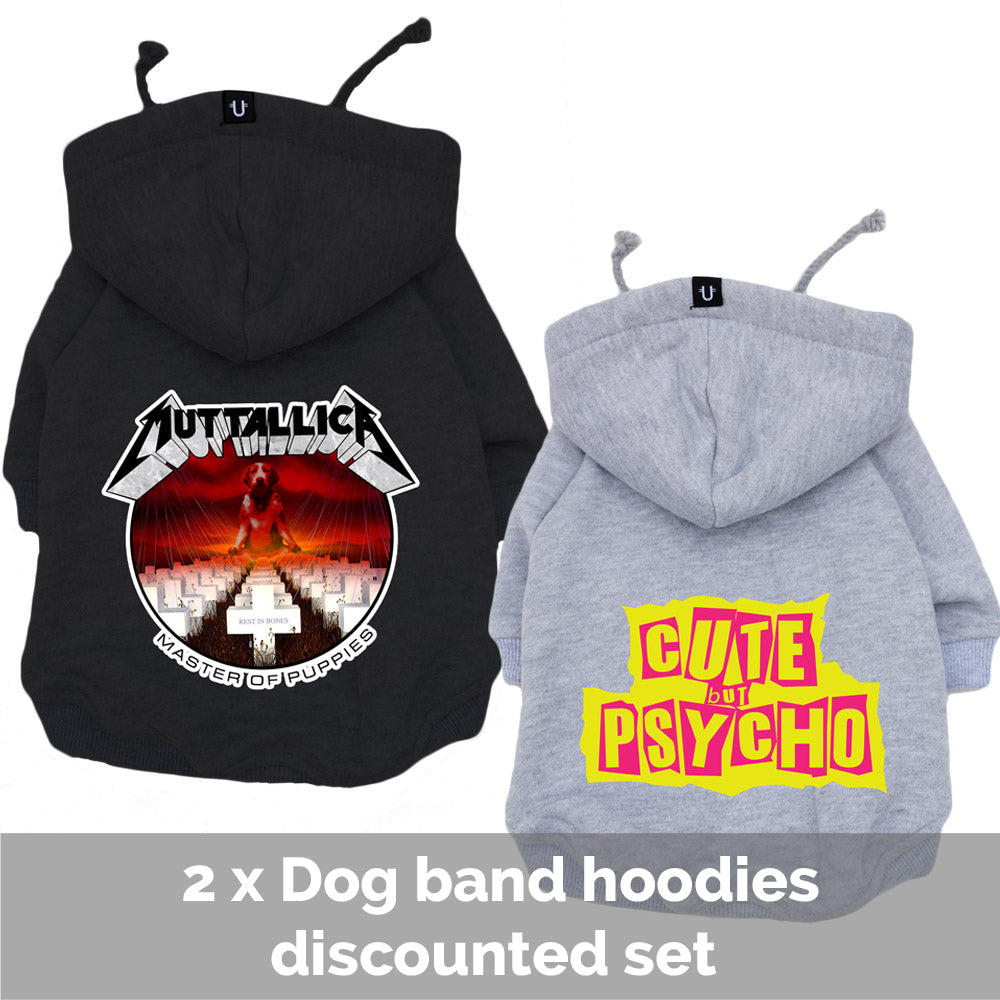 Muttallica dog hoodie, cute but psycho dog hoodie, dog band hoodies and dog coats, discounted dog hoodies