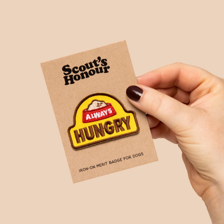 Always hungry funny dog patch by scouts honour, merit patches for dogs