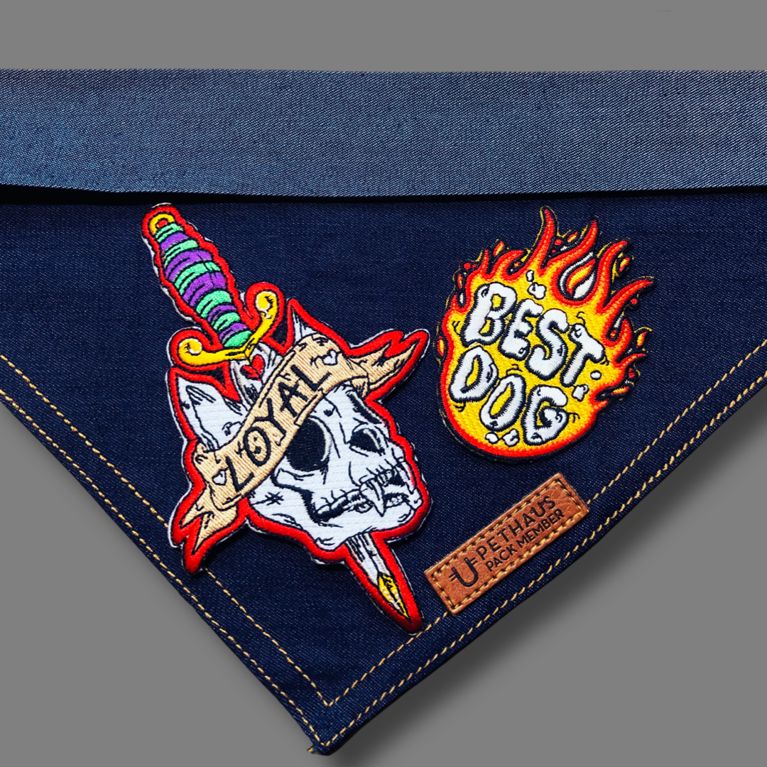 Denim dog bandana with cool patches, service dog bandana
