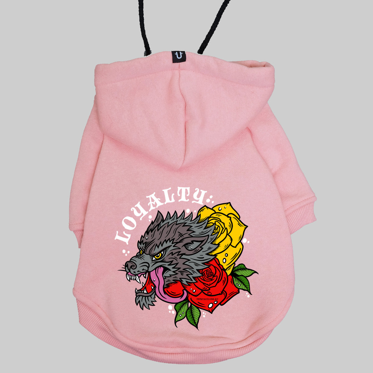 Dog hoodie pink with wolf print made in Australia