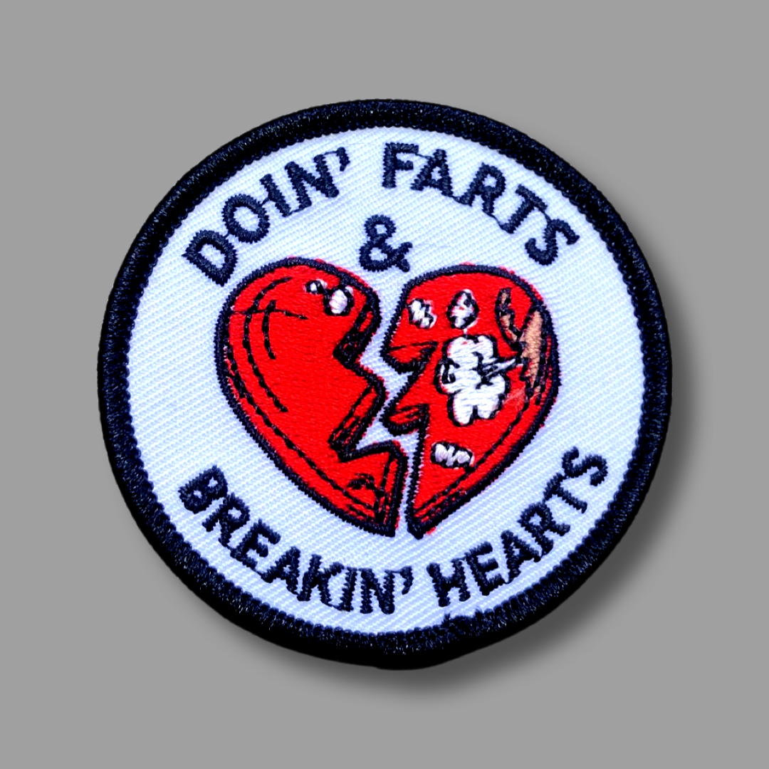 dog fart patch, doin' farts breakin hearts embroidered patch for dogs, funny dog patch