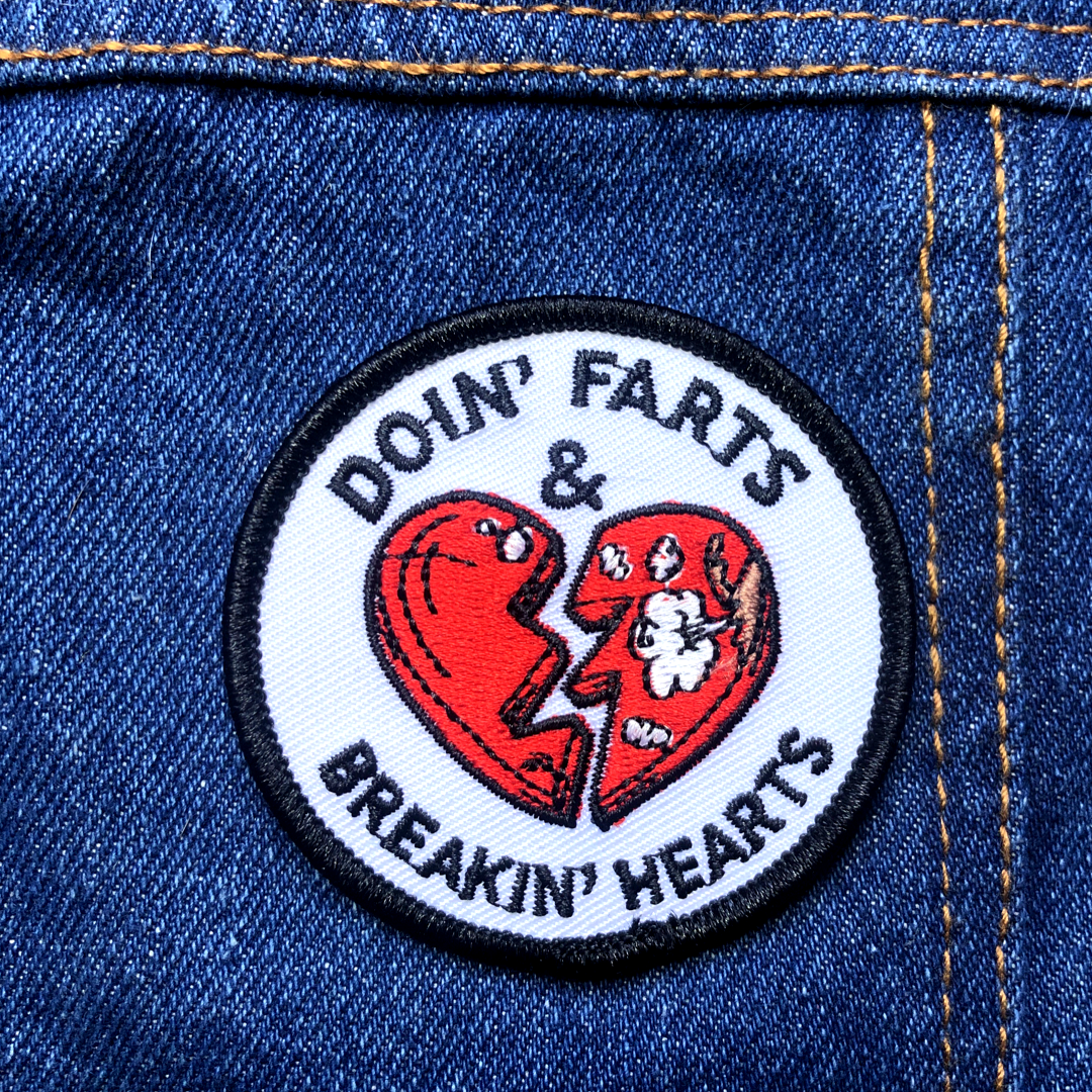 dog fart patch, doin' farts breakin hearts embroidered patch for dogs, funny dog patch