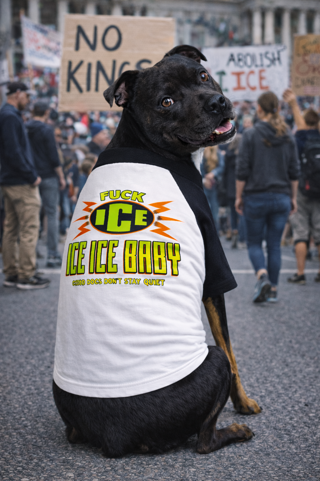 Dogs against ICE, Fuck Ice dog tee worn by Staffy dog