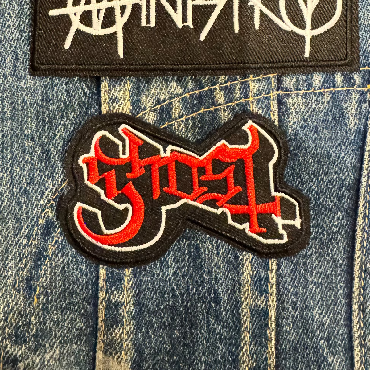 Ghost band embroidered heavy metal patch on denim vest