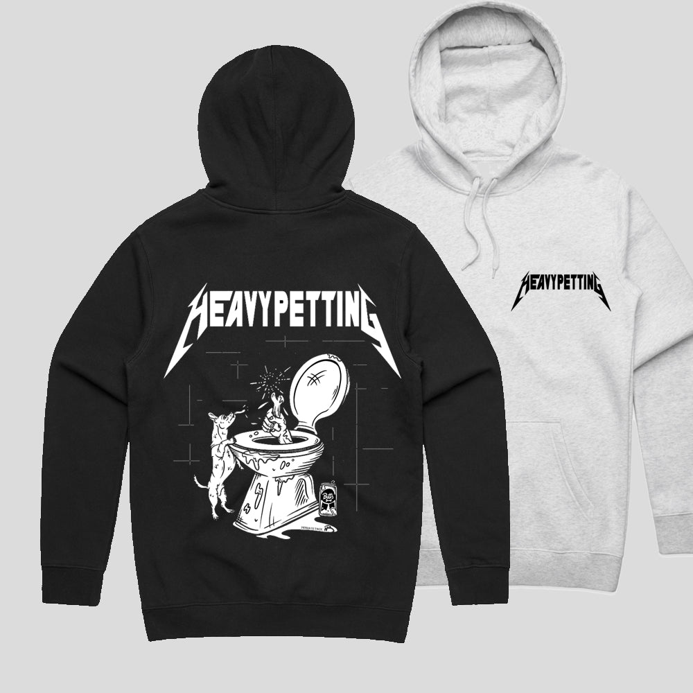 Heavy Petting unisex hoodie for dog lovers in black and grey, by artist Natty b and Pethaus