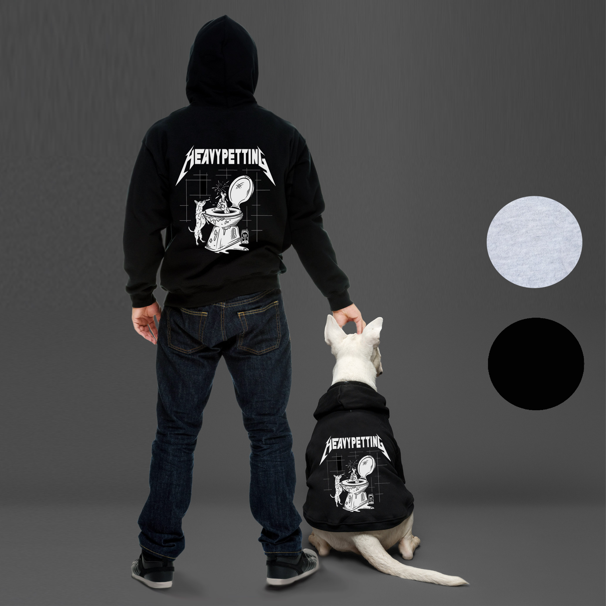 Matching dog and owner outfits, dog and human apparel for dog lover gifts. Dog hoodie with matching human hoodie. Heavy petting print.
