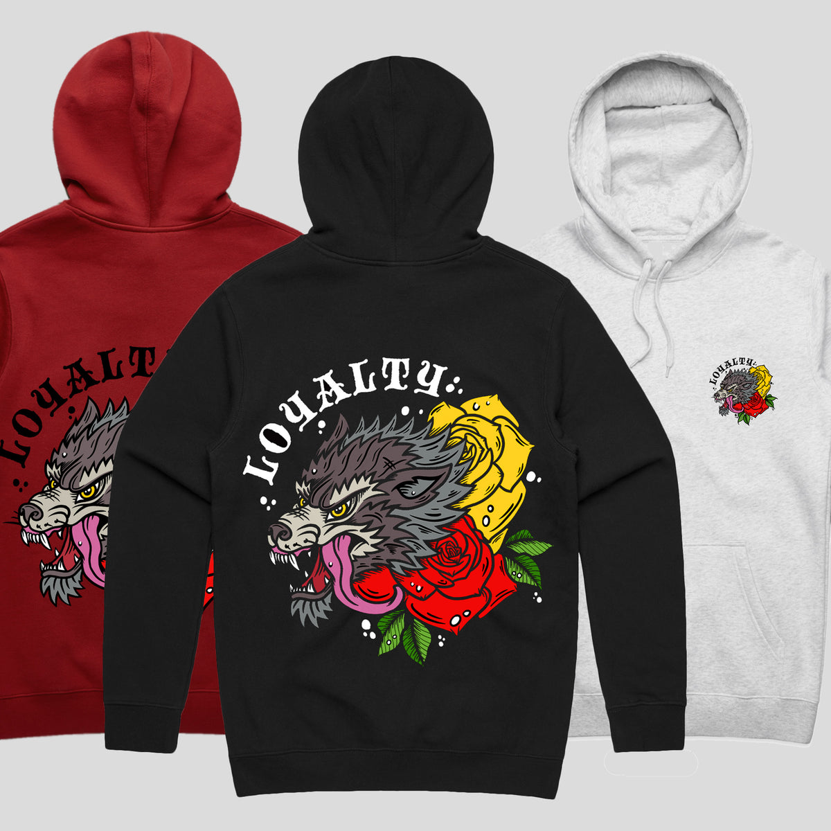 Hoodie for dog lover, loyalty dog hoodie for matching dog and owner outfits. Wolf print hoodie in black red and grey.