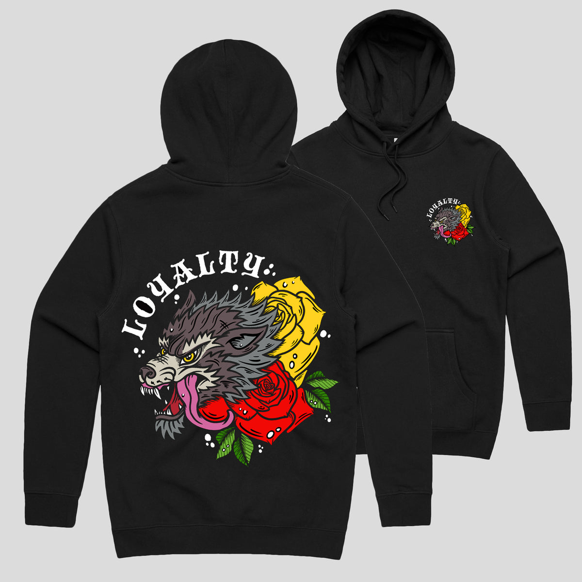 Hoodie for dog lover, loyalty dog hoodie for matching dog and owner outfits. Wolf print hoodie in black red and grey.