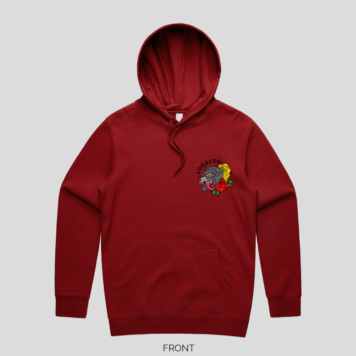 Hoodie for dog lover, loyalty dog hoodie for matching dog and owner outfits. Wolf print hoodie in black red and grey.