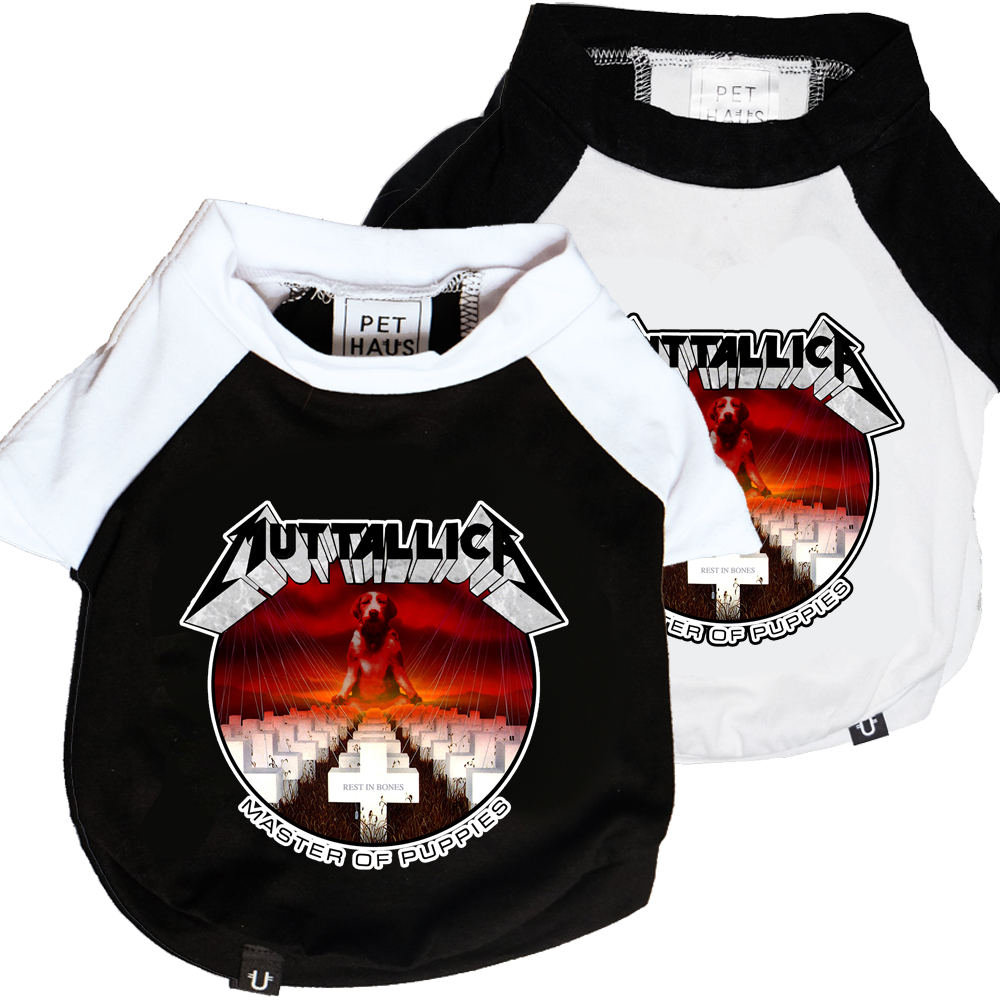 Two pet shirts with Metallica design on a white background 