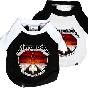 Two pet shirts with Metallica design on a white background 