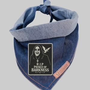 Denim bandana with a patch featuring 'R.I.P. Prince of Darkness'  Ozzy Osbourne patch for dogs