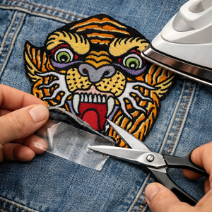 Person using patch repair kit to  iron a colorful tiger patch onto denim fabric with scissors nearby.
