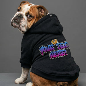 Personalised dog hoodie with grafitti text on a black hoodie worn by a bulldog 