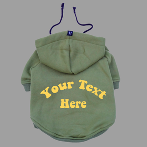 Personalised dog hoodie for big and little dogs made in Australia. Green dog hoodie with custom text. 