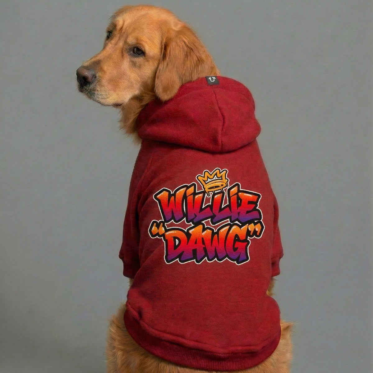 Personalised red dog hoodie worn by large golden retriever dog with grafitti font by Pethaus