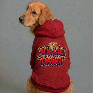 Personalised red dog hoodie worn by large golden retriever dog with grafitti font by Pethaus