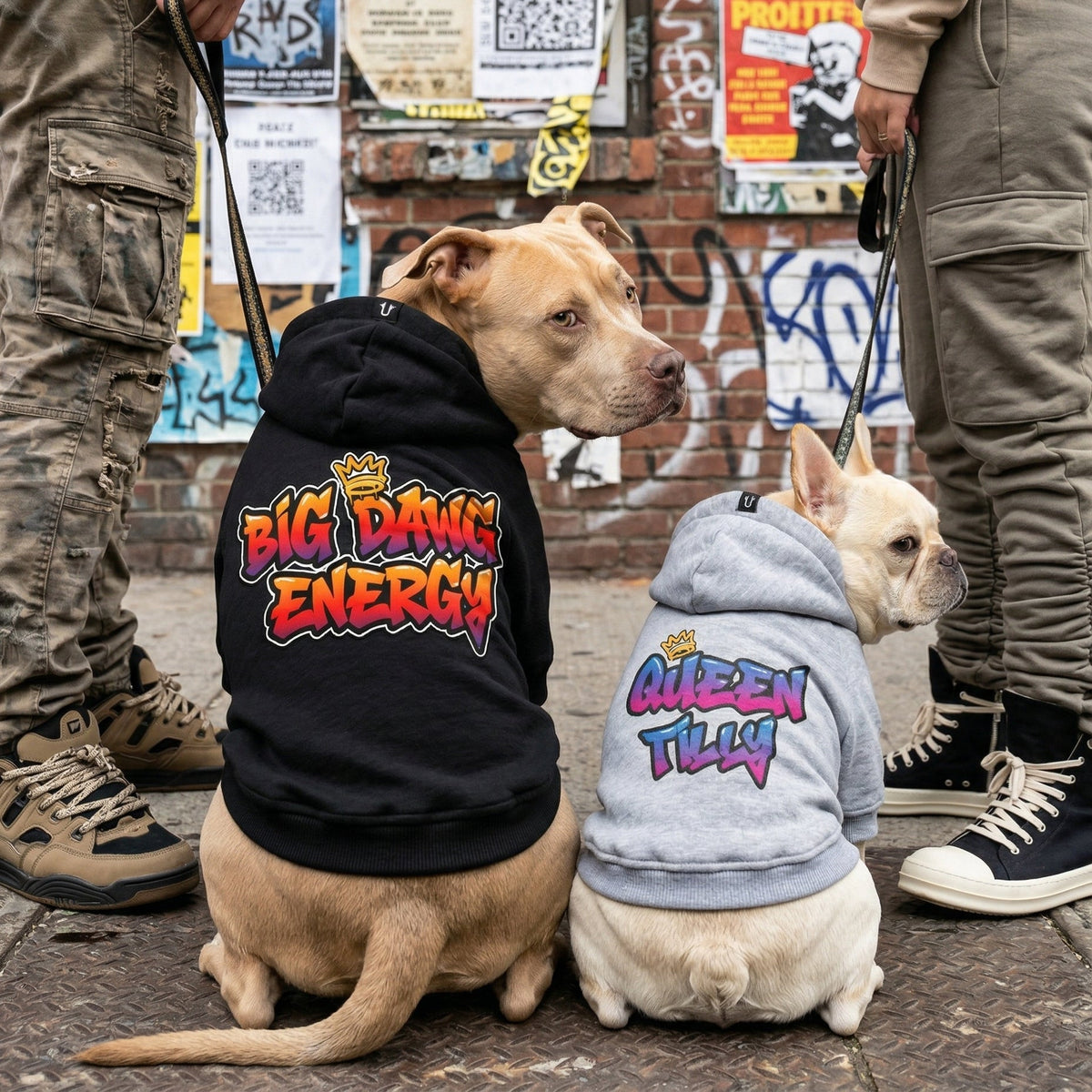Personalised dog hoodie with grafitti font worn by big and small dog in grey and black