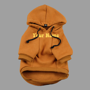 Tan dog hoodie with personalised name, custom dog coat for big and little dogs made in Australia