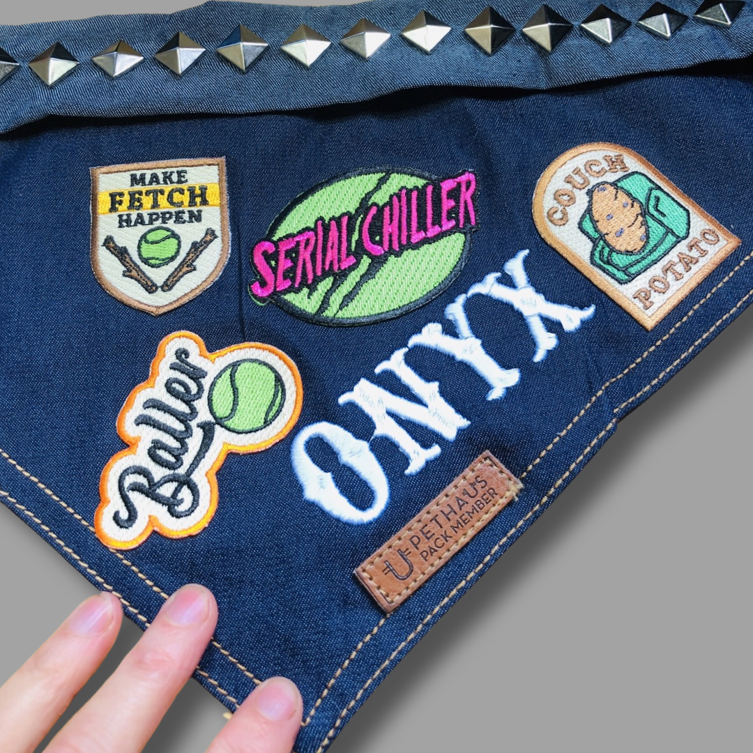 dog bandana in denim with studs and dogs name