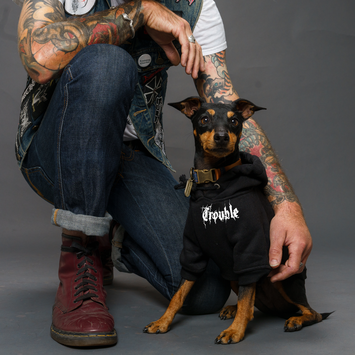 Personalised dog hoodie, metal dog hoodie for cool dogs made in Australia, dog coat for rock dogs