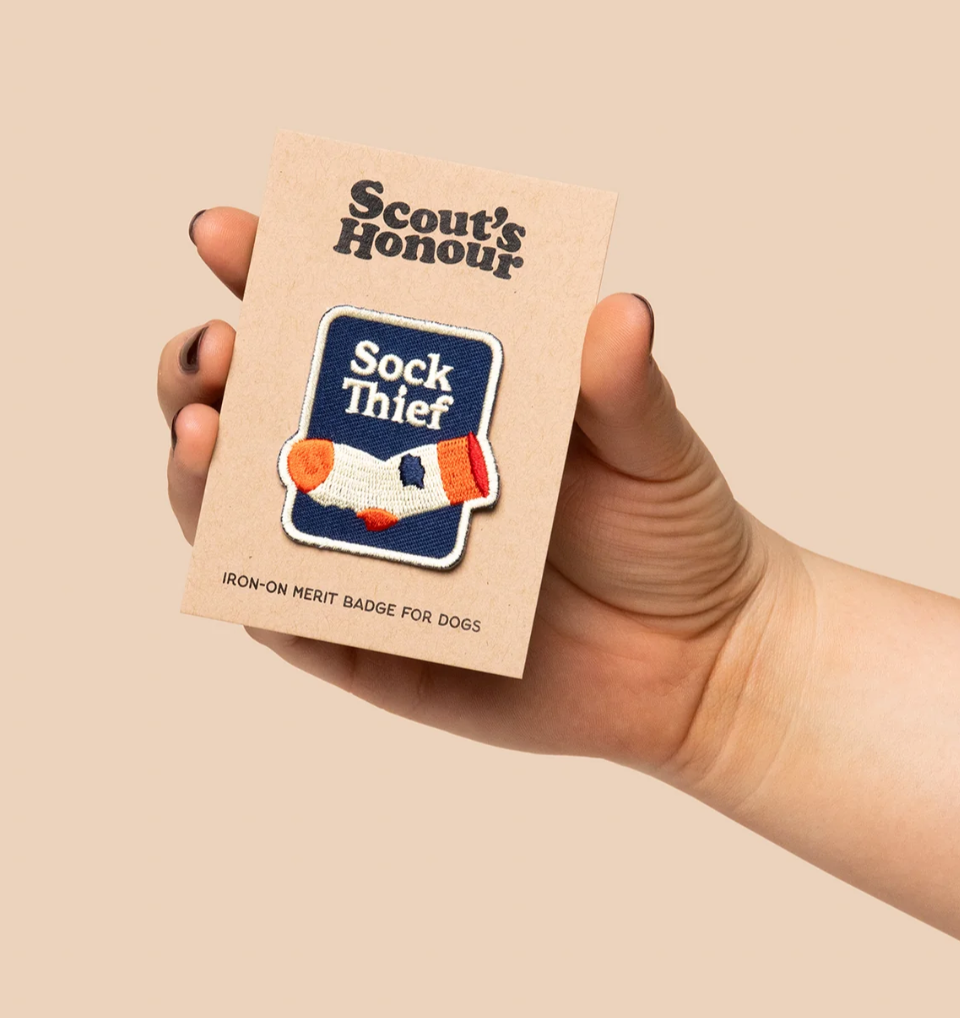 Sock thief scouts honour embroidered dog patch, funny dog patch for dog bandana