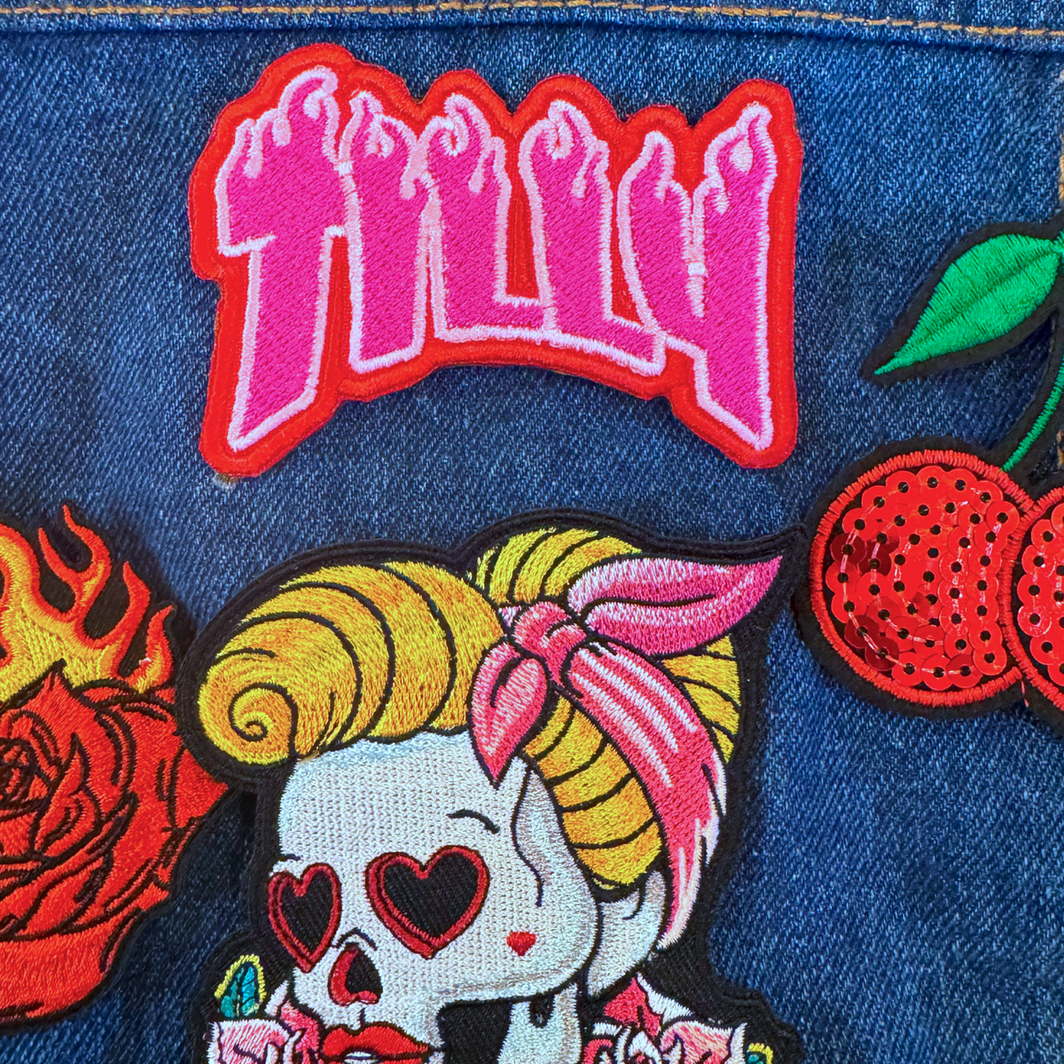 Girls skater patch in flame thrasher mag font, personalised name patch. 