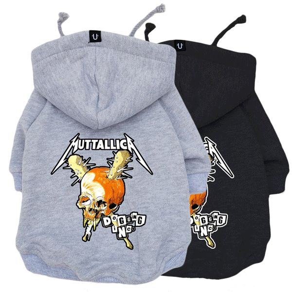 Muttallica dog hoodie, cute but psycho dog hoodie, dog band hoodies and dog coats, discounted dog hoodies