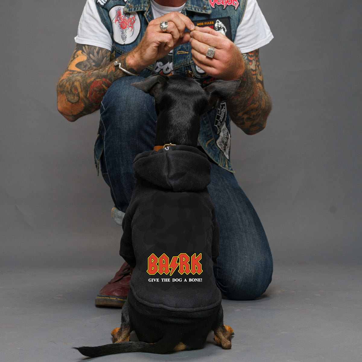 acdc dog hoodie in black made in Australia to fit large and small dogs