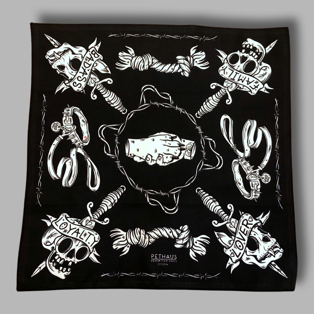 dog bandana black with dog skull print, loyal dog bandana, dog gift