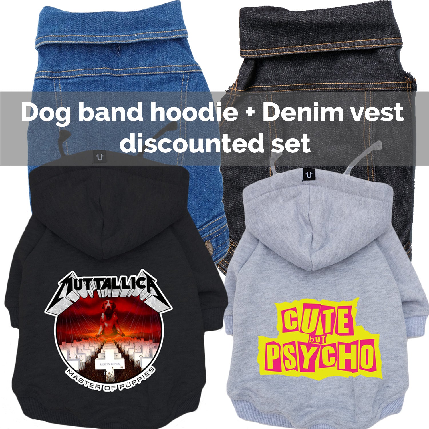 dog hoodie with denim dog vest discounted set, dog band hoodie for metal dogs and rock dogs