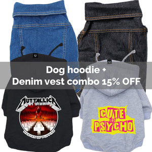 dog hoodie with denim dog vest discounted set, dog band hoodie for metal dogs and rock dogs