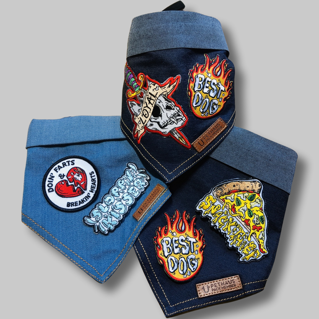 denim dog bandanas with dog patches, gift for dog lover by Pethaus 
