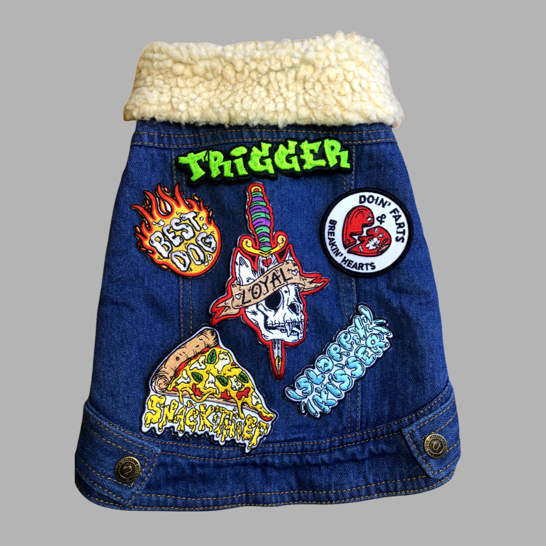 denim dog vest with dog patches, cool dog coat