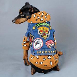 Dog battle jacket, denim dog vest, denim dog jacket, Pethaus, dog denim, patched dog coat, Leopard print dog hoodie, cool dog coat, rock dog,